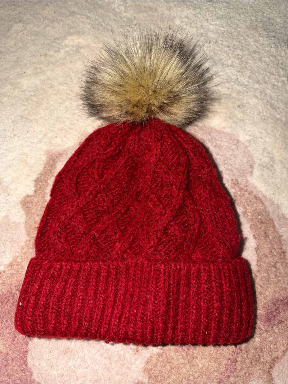 Abercrombie & Fitch Red Cable Knit Beanie with Faux Fur Pom